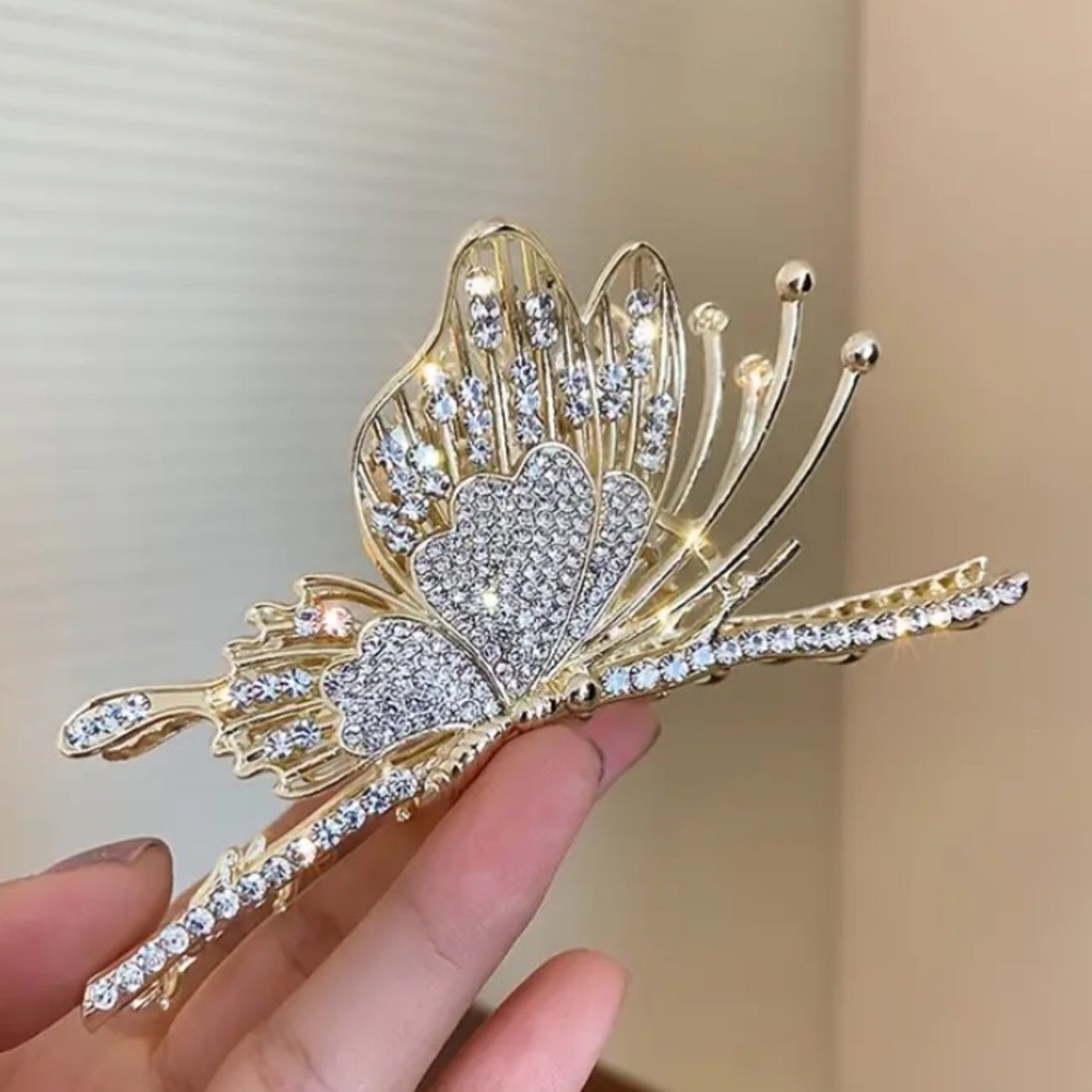 Metal Gold Butterfly Hair Claw Elegant Rhinestone Sparkly Everyday Accessory - Picture 6 of 7